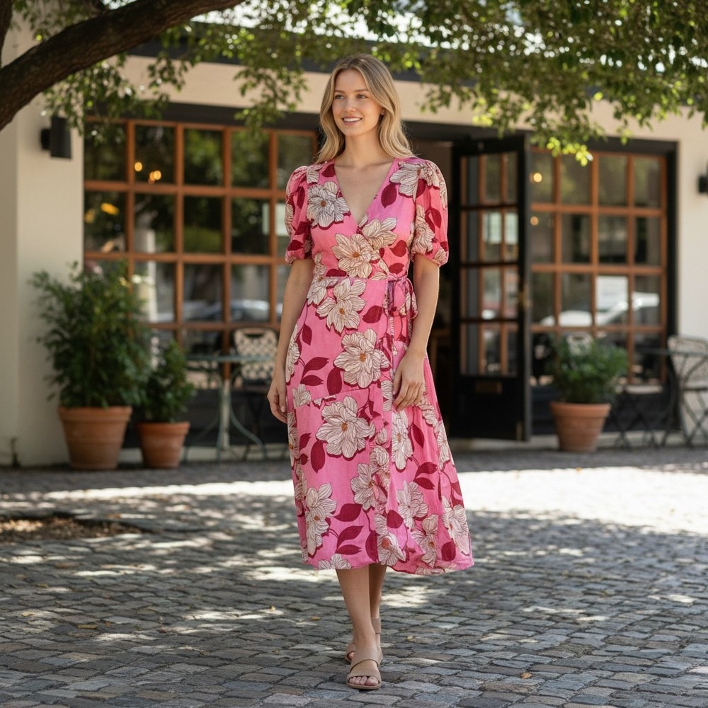 Draper James Wrap Dress Womens Small Pink New Floral Midi Puff Sleeve Preppy New